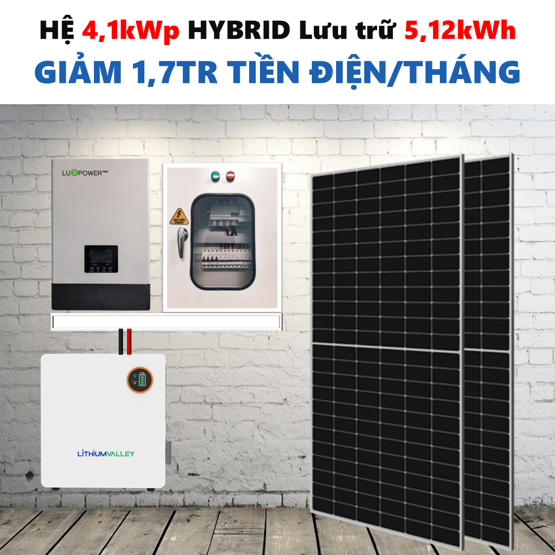 Gói sản phẩm dùng cho tiền điện 2 đến 3 triệu tiền điện mỗi tháng. Sản phẩm dùng biến tần Luxpower, tấm pin hãng AE solar hoặc Longi, battery lưu trữ hãng Valley hoặc SVE.