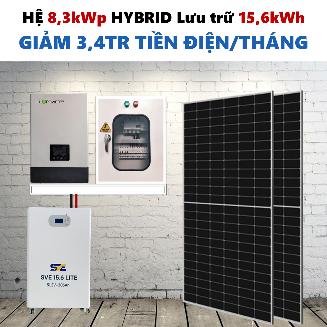 Gói sản phẩm dùng cho tiền điện 4 đến 5 triệu tiền điện mỗi tháng. Sản phẩm dùng biến tần Luxpower, tấm pin hãng AE solar hoặc Longi, battery lưu trữ hãng Valley hoặc SVE.