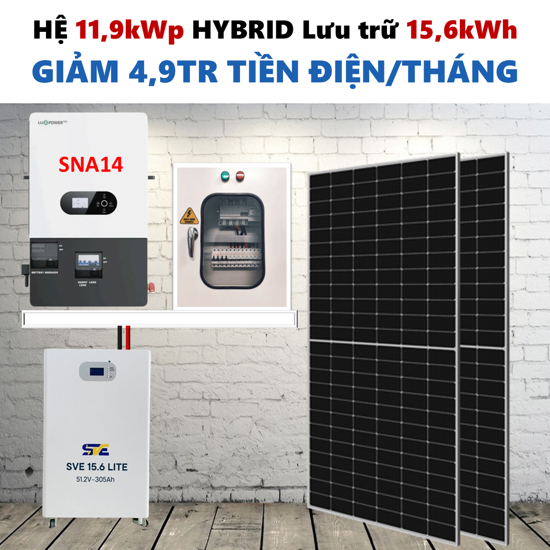 Gói sản phẩm dùng cho tiền điện 5 đến 7 triệu tiền điện mỗi tháng. Sản phẩm dùng biến tần Luxpower, tấm pin hãng AE solar hoặc Longi, battery lưu trữ hãng Valley hoặc SVE.