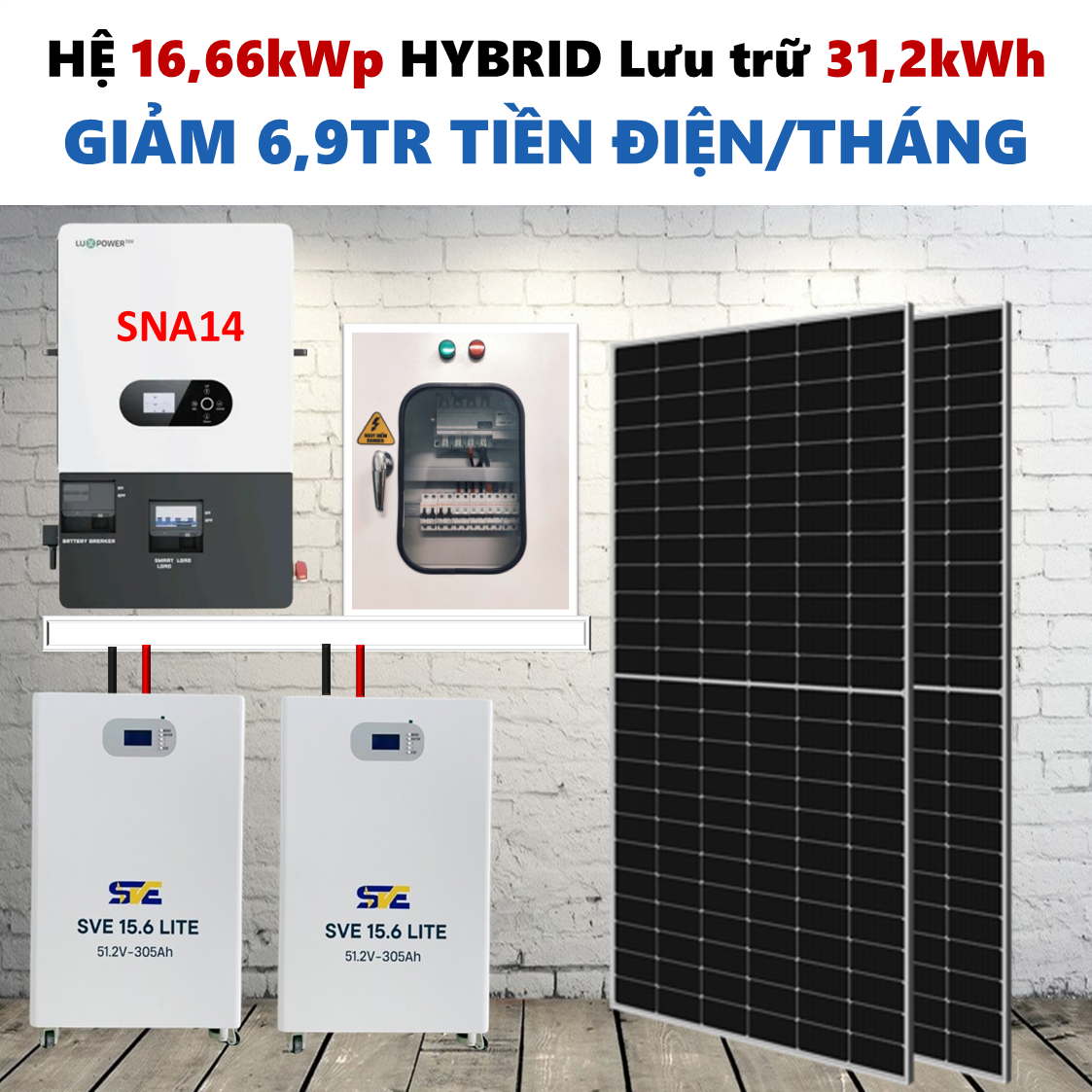 Gói sản phẩm dùng cho tiền điện 7 đến 9 triệu tiền điện mỗi tháng. Sản phẩm dùng biến tần Luxpower, tấm pin hãng AE solar hoặc Longi, battery lưu trữ hãng Valley hoặc SVE.