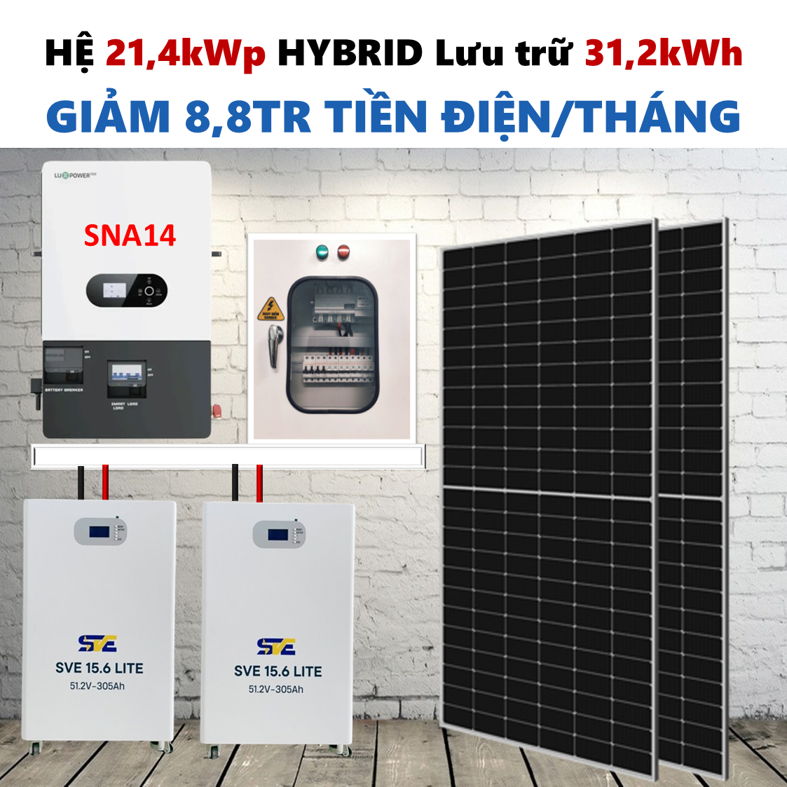 Gói sản phẩm dùng cho nhà có trên 10 triệu triệu tiền điện mỗi tháng. Sản phẩm dùng biến tần Luxpower, tấm pin hãng AE solar hoặc Longi, battery lưu trữ hãng Valley hoặc SVE.